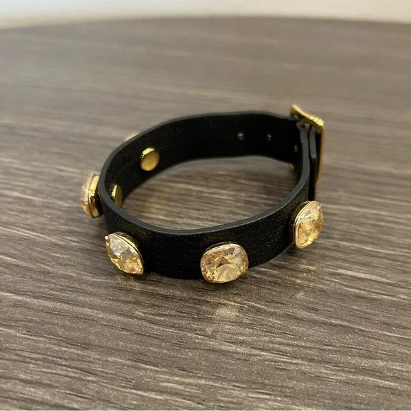 Swarovski Yellow Amber Crystal Genuine Black Leather Gold Buckle Bracelet - Picture 1 of 6